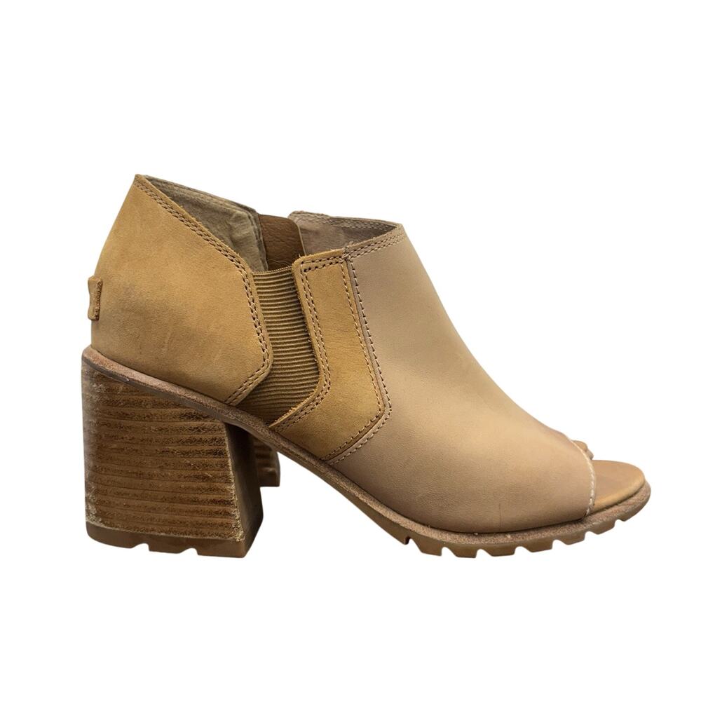 Sorel Sandals Nadia Tan Leather Suede Open Toe Side Zip Platform Booties 7.5M